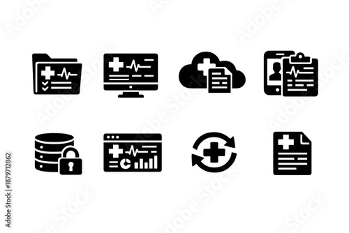 Electronic Health Icons. Electronic Health Records. Filled icon set of Electronic Health Records: digital