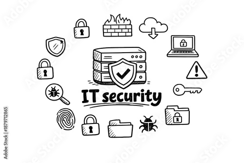  IT security. Hand-drawn doodle illustration of IT security. In the middle, one slightly