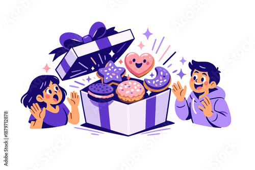  Festive Cookie Surprise. A gift box being opened to reveal colorful cookies inside, lid