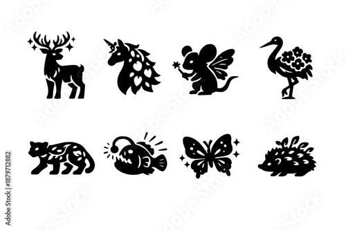  Magical spring fauna. Filled icon set of Magical spring fauna: glowing stag, petal unicorn,