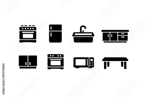Kitchen Icon Set. Home Kitchen. Filled icon set of Home Kitchen: kitchen stove, refrigerator, kitchen sink,