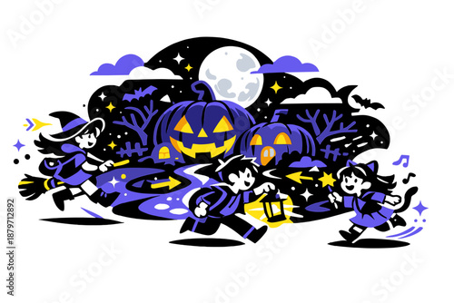  Night in the pumpkin village. Moonlight over glowing jack-o’-lantern houses, shadows