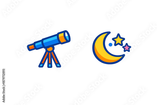 Telescope and Moon with Stars Neon Icons