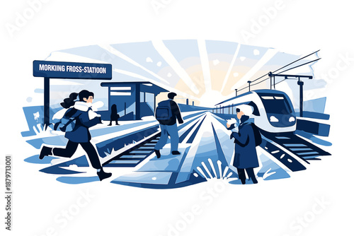 Frosty Station Sunrise. Morning Frost Station. Pale sunrise light over a quiet station, frost on rails and