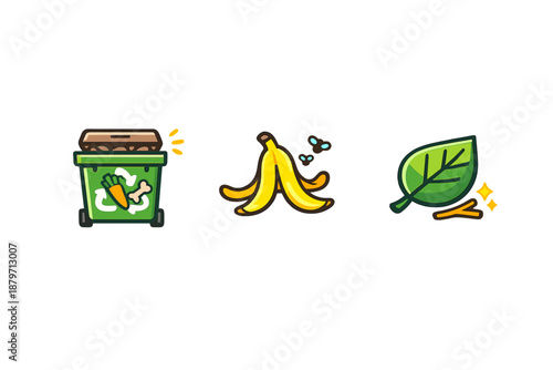 Composting icons: trash bin, banana peel, and leaf