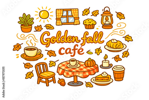  Golden fall café. Hand-drawn doodle illustration of Golden fall café. golden leaves,