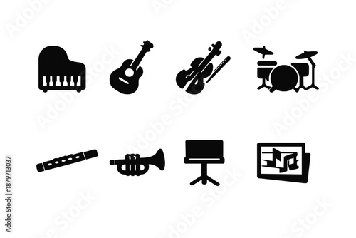 Learning Instrument Icons. Learning Instruments. Filled icon set of Learning Instruments: piano, acoustic
