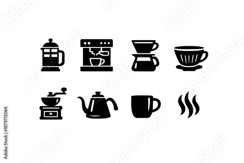 Coffee Brewing Icons. Coffee Brewing. Filled icon set of Coffee Brewing: French press, espresso machine,