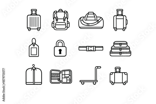 Luggage Icon Set. Luggage. Line outline icon set of luggage: suitcase, backpack, duffel bag, carry-on bag,