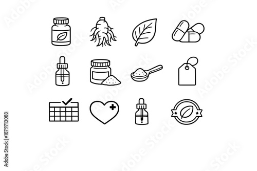 Herbal Supplement Icons. Herbal Supplements. Line outline icon set of herbal supplements: herbal bottle,