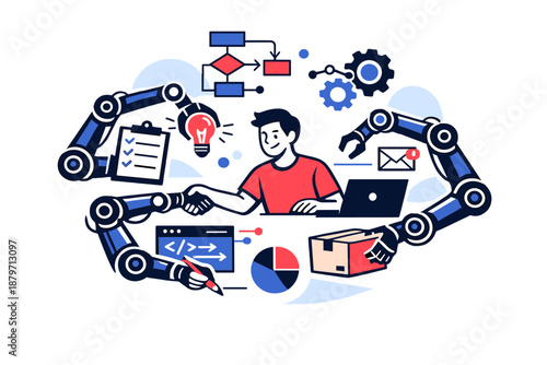  Smart automation concept. Robotic arms and abstract algorithms assisting human actions,