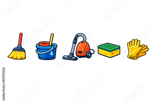 Collection of cartoon cleaning supplies on a gradient background