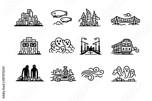 Ghostly Cityscape Icons. Haunted metropolis. Line outline icon set of Haunted metropolis: massive skyline,