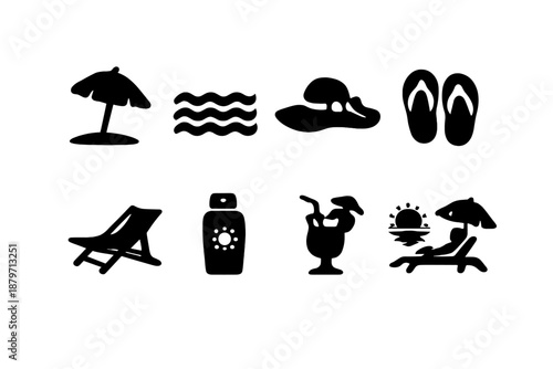 Beach Essentials Icons. Beach Vacation. Filled icon set of Beach Vacation: beach umbrella, ocean waves, sun