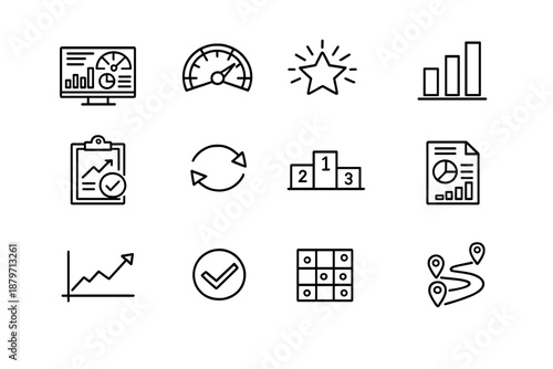  Performance management. Line outline icon set of Performance management: KPI dashboard,