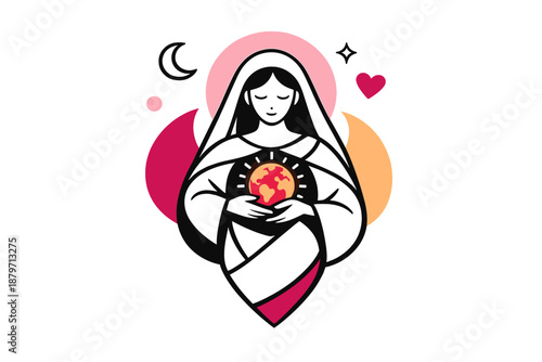  Sacred Earth embodiment. Iconic mother figure holding a glowing planet at her heart, minimal