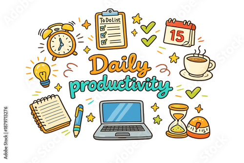 Daily productivity. Hand-drawn doodle illustration of Daily productivity. to-do list, alarm
