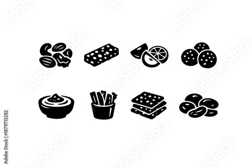 Vegan Snack Icons. Vegan Snacks. Filled icon set of Vegan Snacks: nuts mix, granola bar, fruit slices, energy