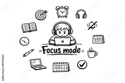  Focus mode. Hand-drawn doodle illustration of Focus mode. In the middle, one slightly larger