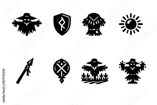  Mythical scarecrow guardian. Filled icon set of Mythical scarecrow guardian: protector