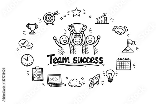  Team success. Hand-drawn doodle illustration of Team success. In the middle, one slightly