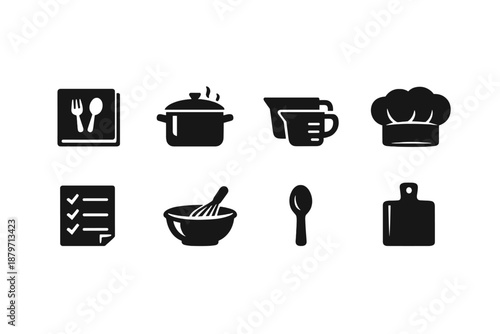 Black Recipe Icons. Recipes. Filled icon set of Recipes: recipe book, cooking pot, measuring cups, chef hat,