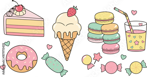 Cute pastel dessert illustration set with cake ice cream macarons donut candy and sweet drink vector
