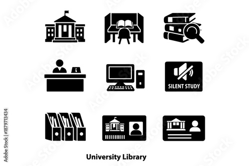 University Library Icons. University Library. Filled icon set of University Library: academic library building