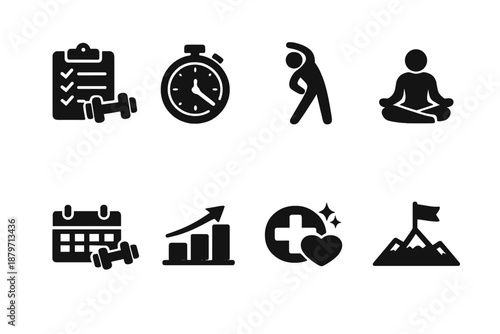  Fitness wellness app. Filled icon set of Fitness wellness app: workout plan, exercise timer,