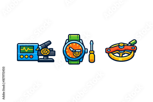 Set of stylized icons for watchmaking and repair
