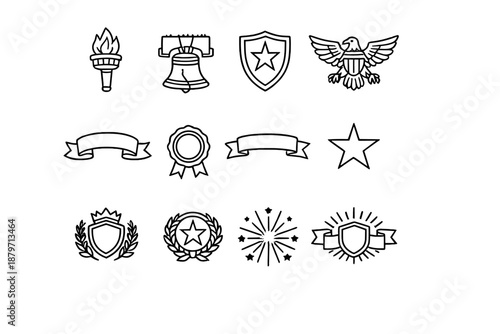 Classic freedom symbols. Line outline icon set of Classic freedom symbols: liberty torch