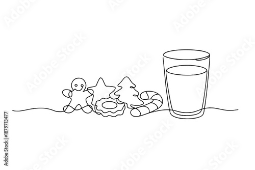 Festive Cookies Minimalism. Festive cookies and milk. Minimalistic one-line drawing assortment of Christmas