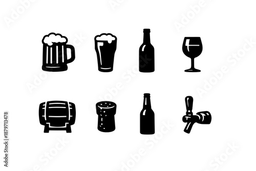 Beer and Wine Icons. Beer & Wine. Filled icon set of Beer & Wine: beer mug, pint glass, wine bottle, wine