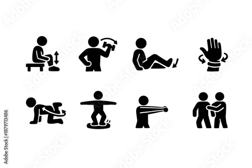 Rehabilitation Icons Set. Rehabilitation Exercises. Filled icon set of Rehabilitation Exercises: knee