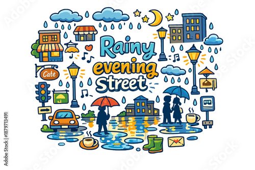  Rainy evening street. Hand-drawn doodle illustration of Rainy evening street. glowing