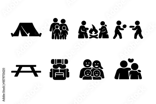 Family Camping Icons. Family Camping. Filled icon set of Family Camping: family tent, parents and kids, shared