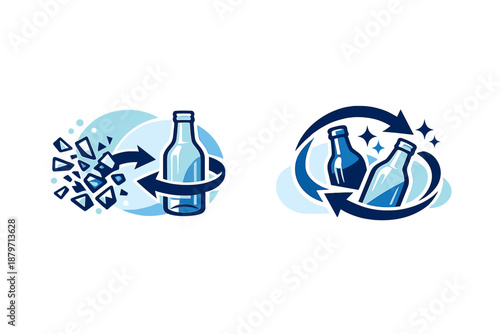 Circular Glass Recycling. Glass recycling icons. Bottles breaking into fragments and reforming, circular