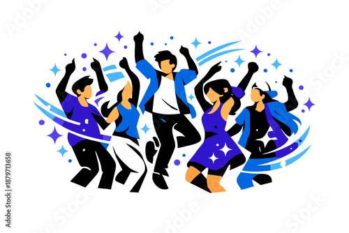 Sparkling Dance Celebration. Dancing Crowd with Sparkles. A lively crowd moving in rhythm, hands raised as