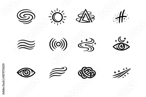  Mystic fog symbols. Line outline icon set of Mystic fog symbols: mist spiral, glowing orb,