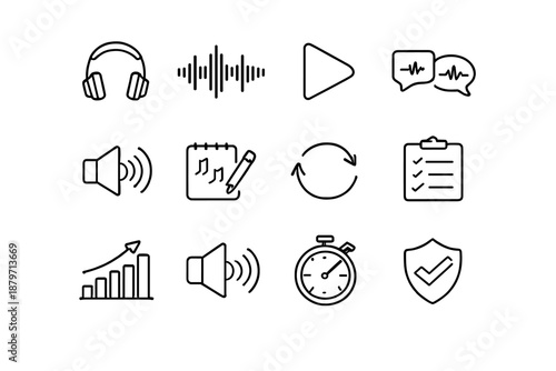 Listening Skills Icons. Listening Skills. Line outline icon set of listening skills: headphones, audio