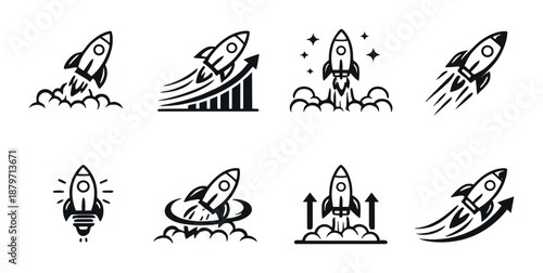 Black and white rocket icons on gray background