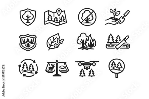 Forest Protection Icons. Forest Protection. Line outline icon set of forest protection: protected tree, forest