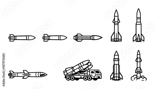Vector set of missile icons on black background