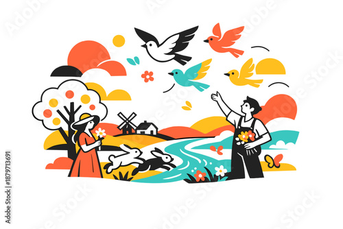  Spring blessing landscape. Countryside bathed in soft gold and peach tones, birds lifting