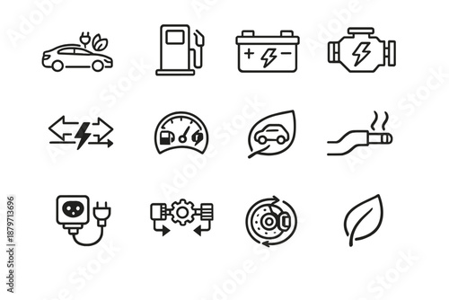 Hybrid Vehicle Icons. Hybrid Vehicles. Line outline icon set of hybrid vehicles: hybrid car, fuel pump,