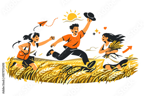  Golden summer fields. Endless wheat glowing under high sun, gentle wind bending the stalks,