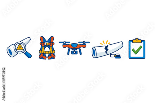 Set of icons representing safety and inspection procedures