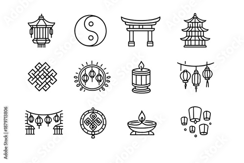  Cultural lantern festival. Line outline icon set of Cultural lantern festival: heritage