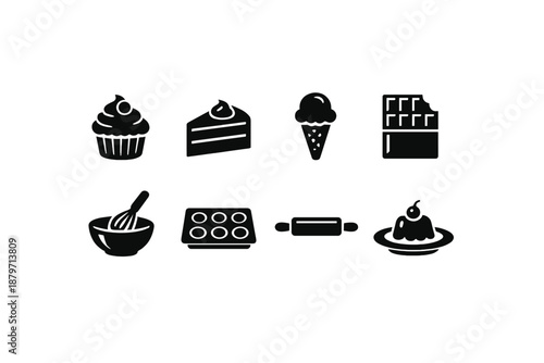 Dessert Icons Collection. Dessert Recipes. Filled icon set of Dessert Recipes: cupcake, cake slice, ice cream