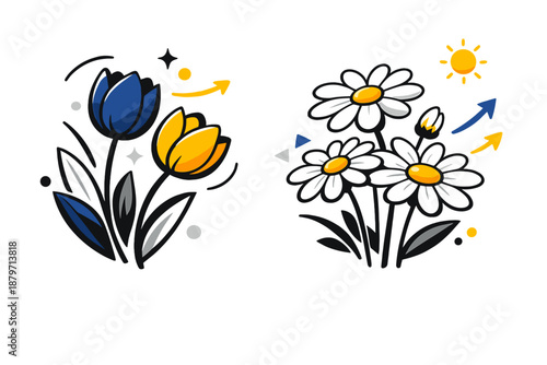  Botanical illustration of spring flowers. Delicate tulips and daisies opening toward soft